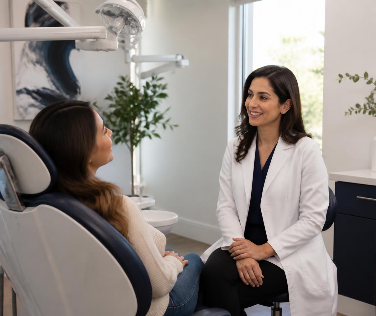 Dentist consulting with a patient in a bright treatment room